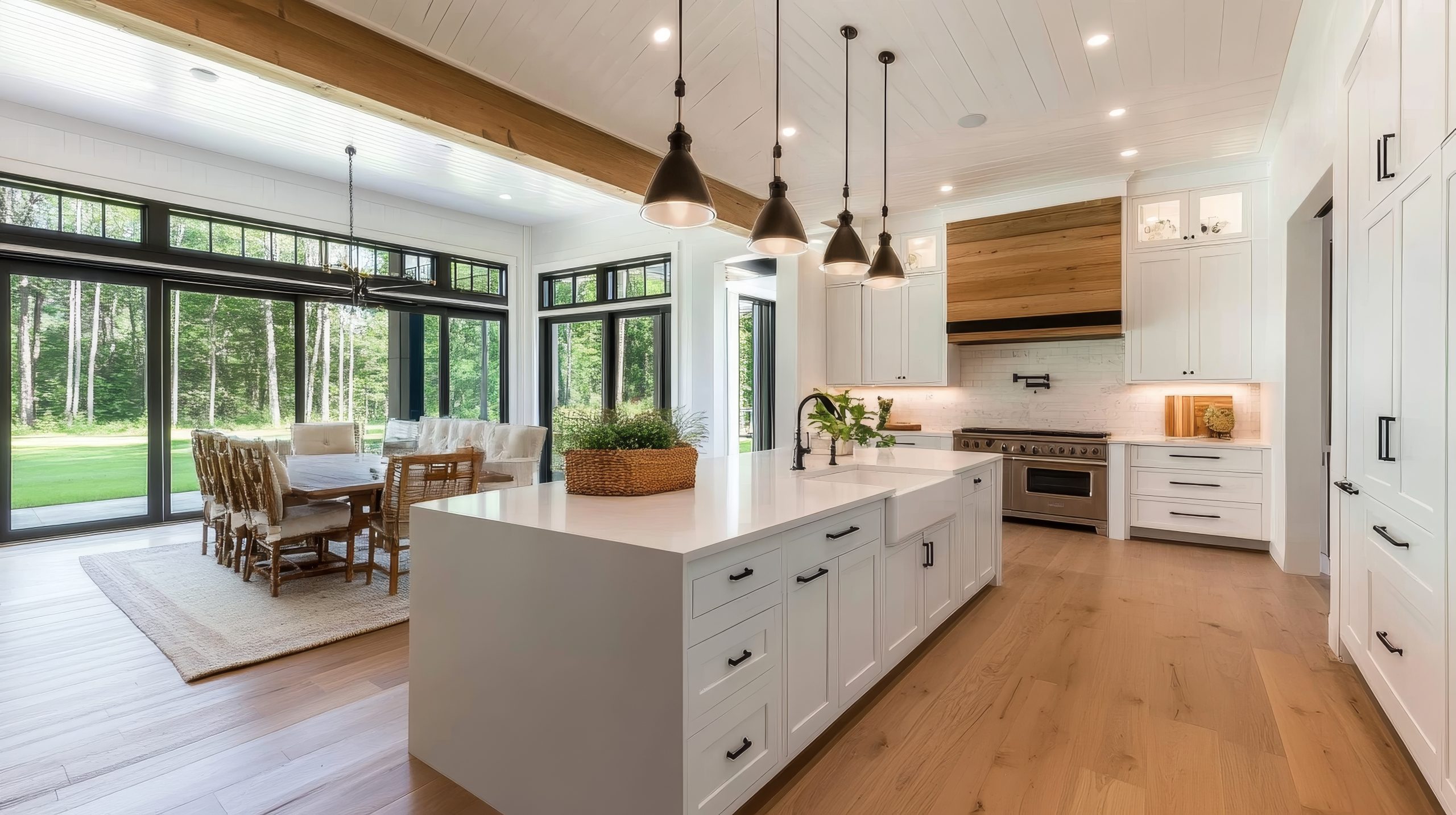 open concept kitchen with custom fitted cabinets