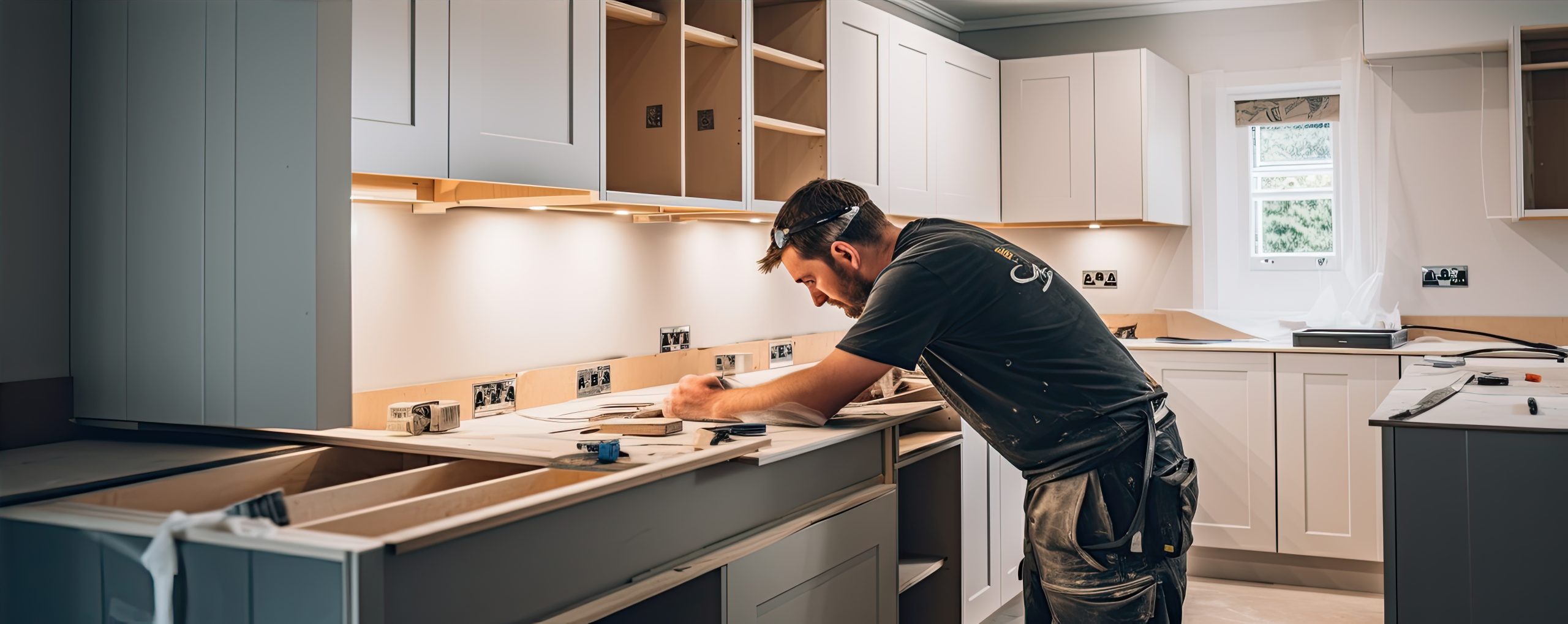 carpenter installing new modern kitchen cabinets