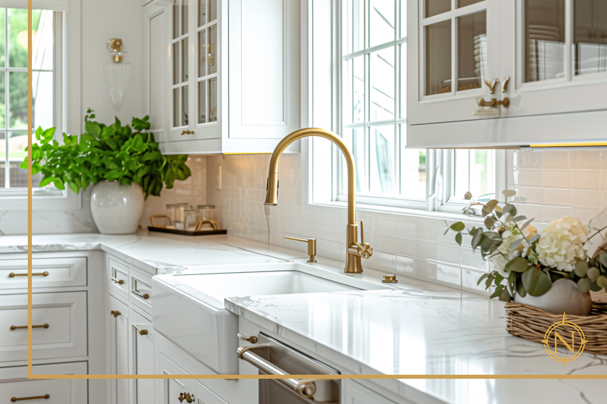 Bright kitchen sink area with white shaker cabinets, gold faucet, glass-front uppers, and marble countertops, accented by greenery and natural light.