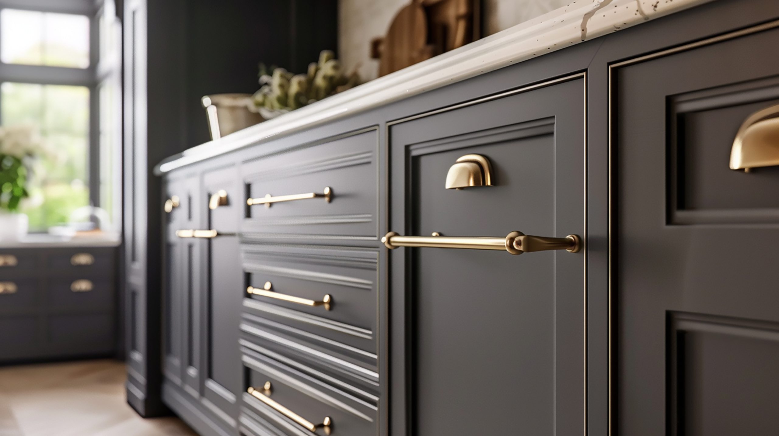 A dark wood kitchen cabinet with brass handles