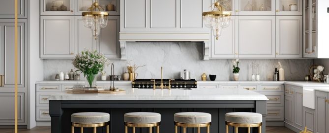 Elegant kitchen with custom light gray cabinets, gold hardware, marble backsplash, and a black island with gold-accented bar stools and pendant lights.
