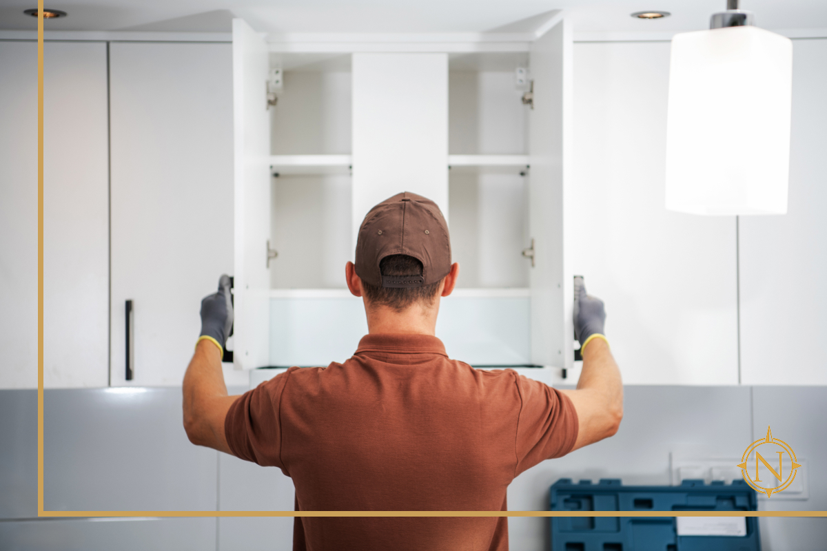 A man installs cabinets in a kitchen. True North Cabinetry stands ready to help you in your projects.
