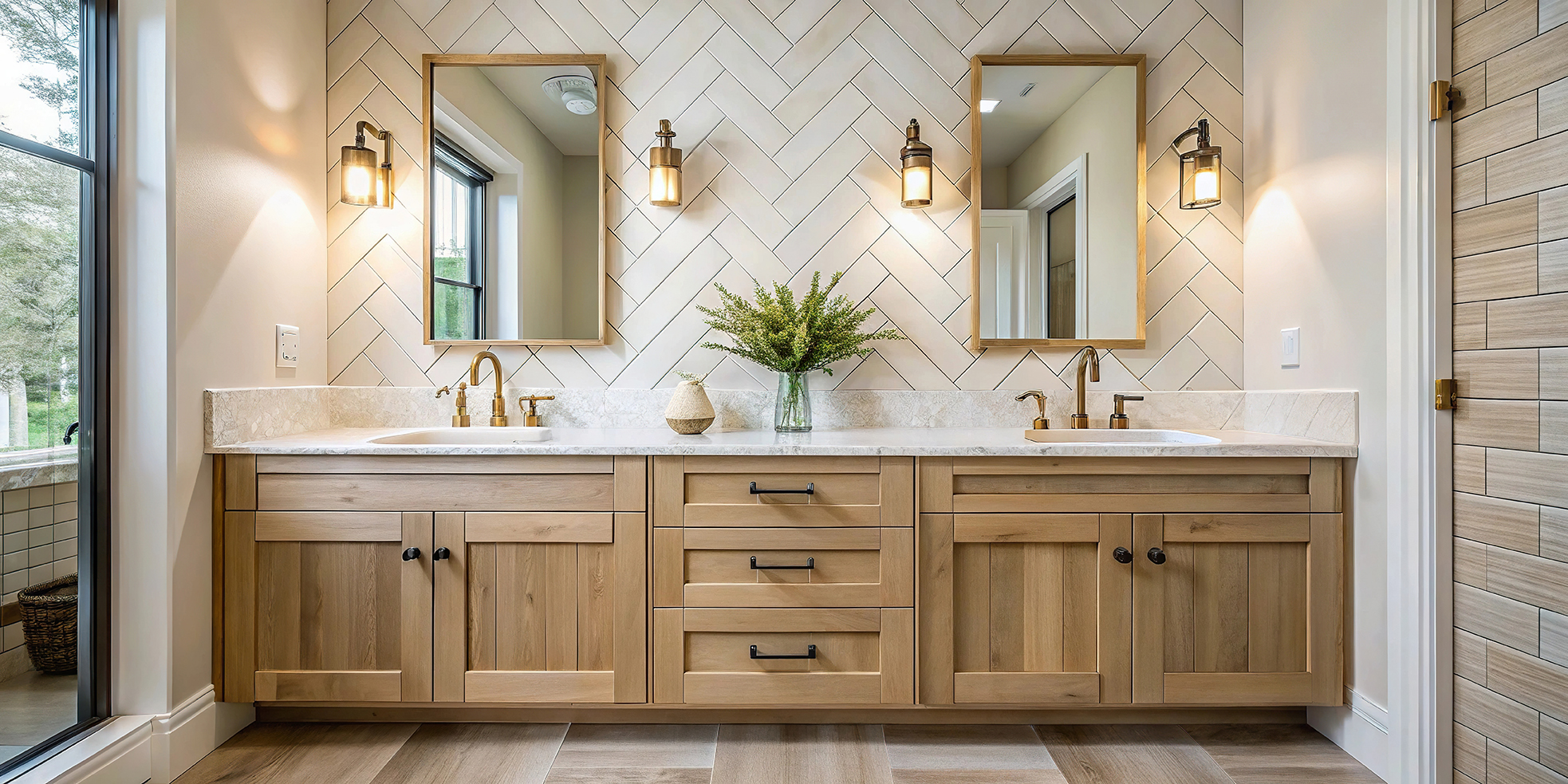 Cozy bathroom with white oak vanity cabinet, herringbone tile ba
