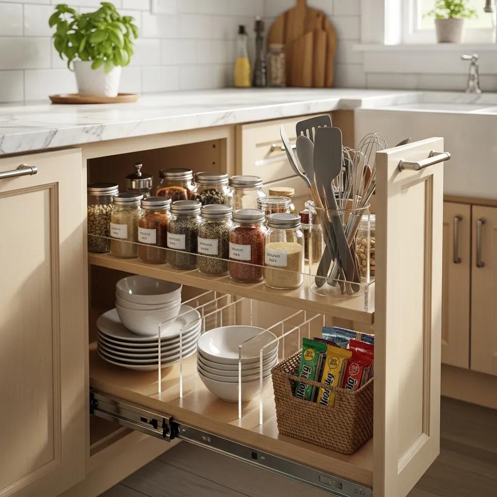 Close-up of a pull-out cabinet in a small kitchen showcasing organized storage and accessibility