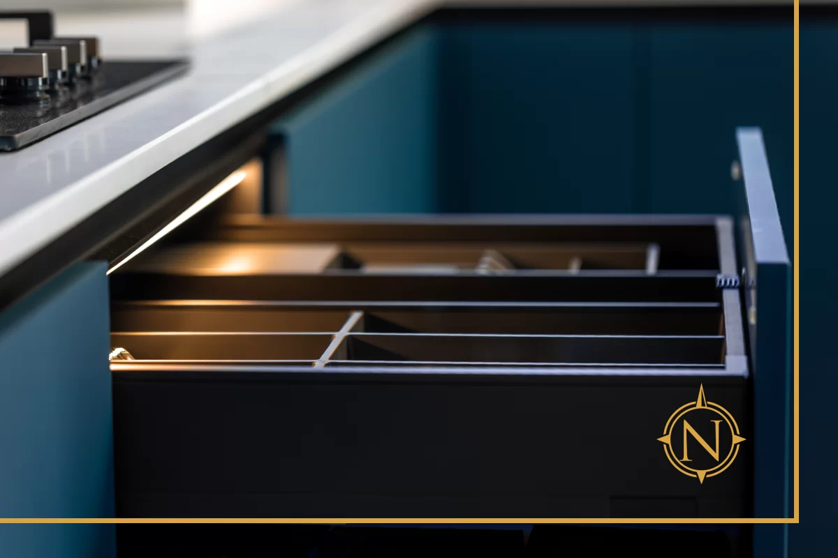 Modern kitchen cabinets with pull-out drawers and organized storage solutions