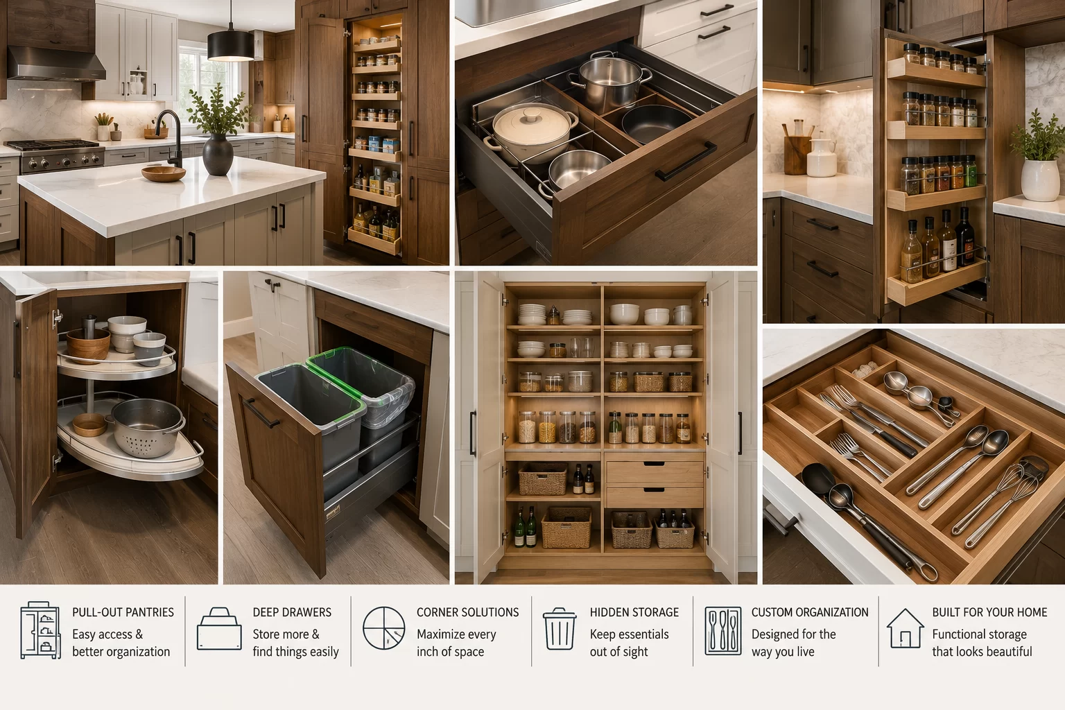Custom kitchen featuring organized pantry storage, pull-out cabinets, deep drawers, corner cabinet solutions, hidden waste storage, and built-in organization systems.