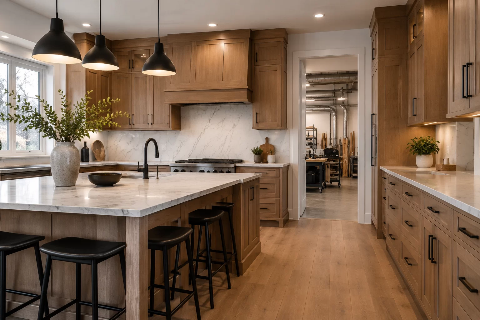 Custom kitchen featuring locally manufactured cabinetry in Edmonton with warm wood finishes, quartz countertops, custom storage solutions, and premium craftsmanship.