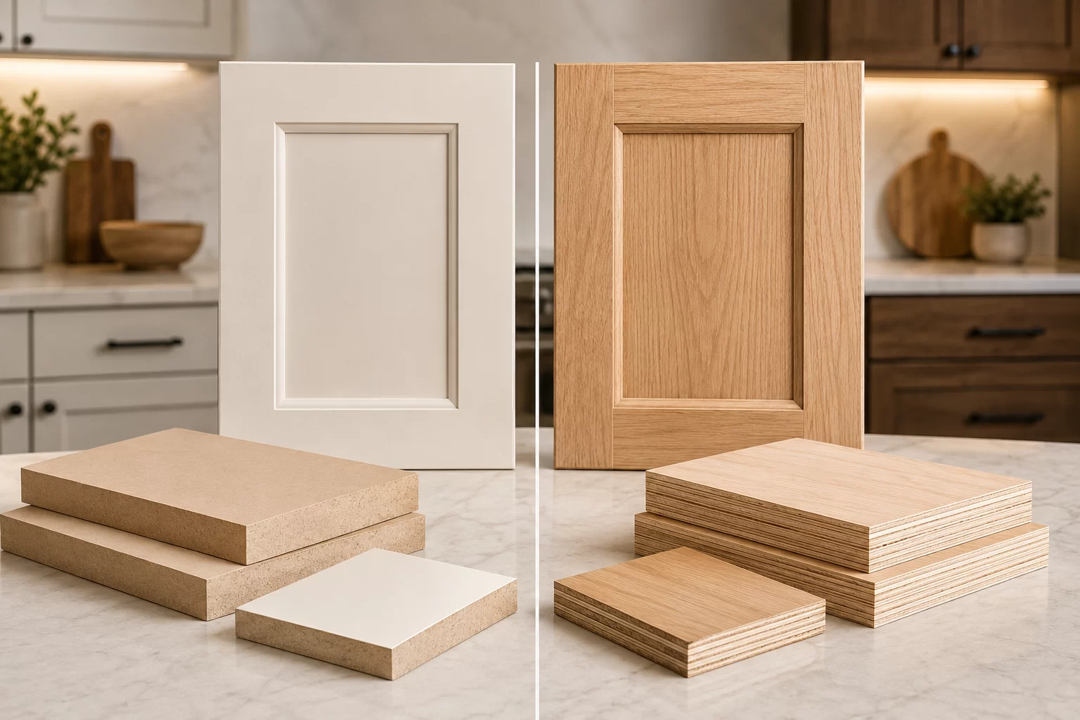 Comparison of MDF and plywood cabinet materials featuring painted and wood-grain cabinet doors with material samples displayed in a custom kitchen setting.