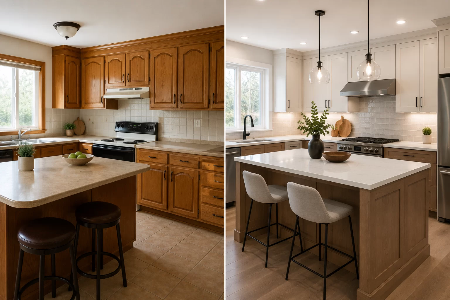 Side-by-side comparison of an older kitchen and a modern renovated kitchen, illustrating the difference between cabinet refacing and full cabinet replacement in Edmonton.