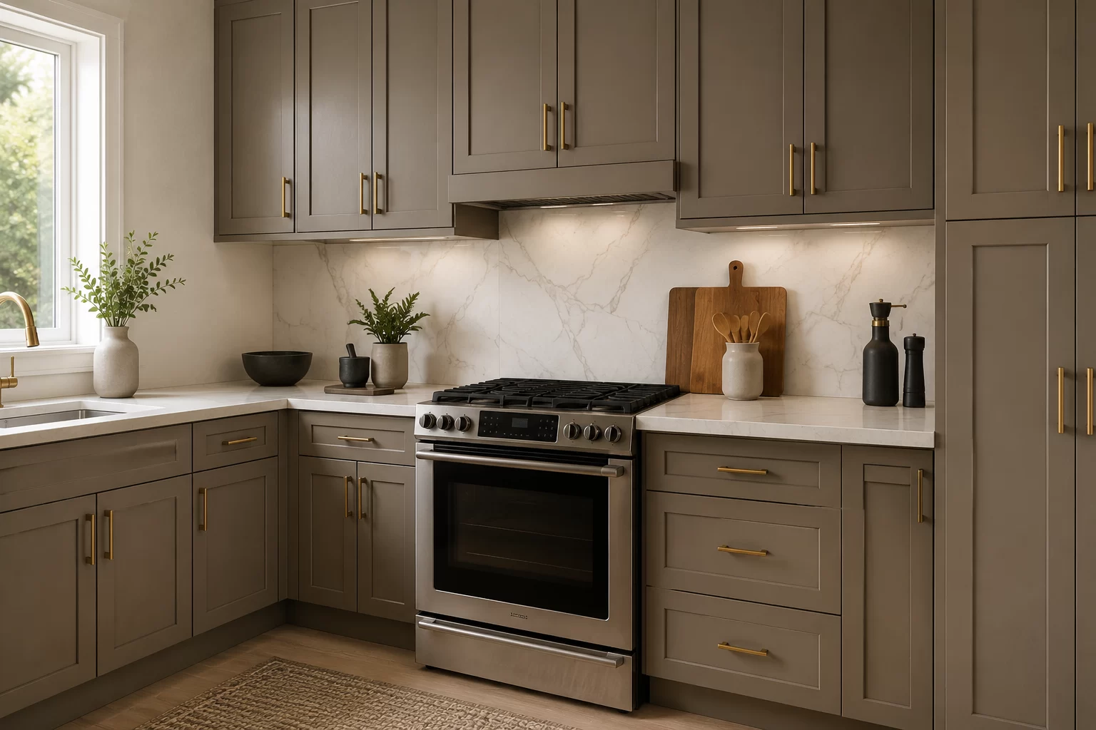 Cabinet Refacing Edmonton True North Cabinetry Refaced kitchen cabinetry with taupe Shaker doors and gold hardware by True North Cabinetry in Edmonton.