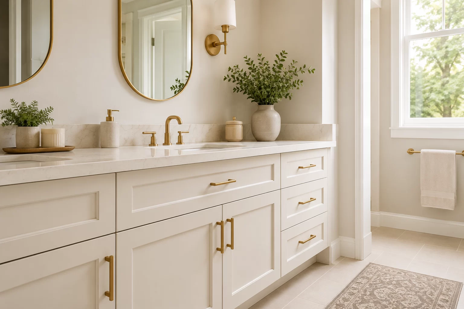 Cabinet Refinishing Edmonton True North Cabinetry Refinished bathroom vanity with cream cabinetry and gold hardware by True North Cabinetry in Edmonton.