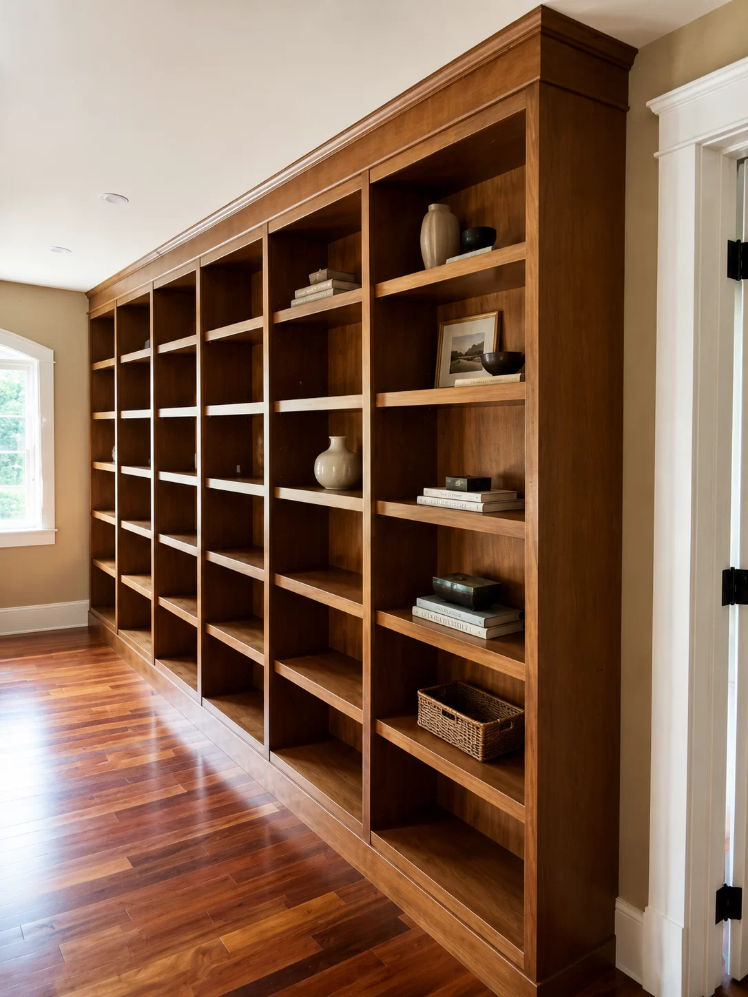 Custom wood built-in cabinetry with floor-to-ceiling shelving by True North Cabinetry in Edmonton.