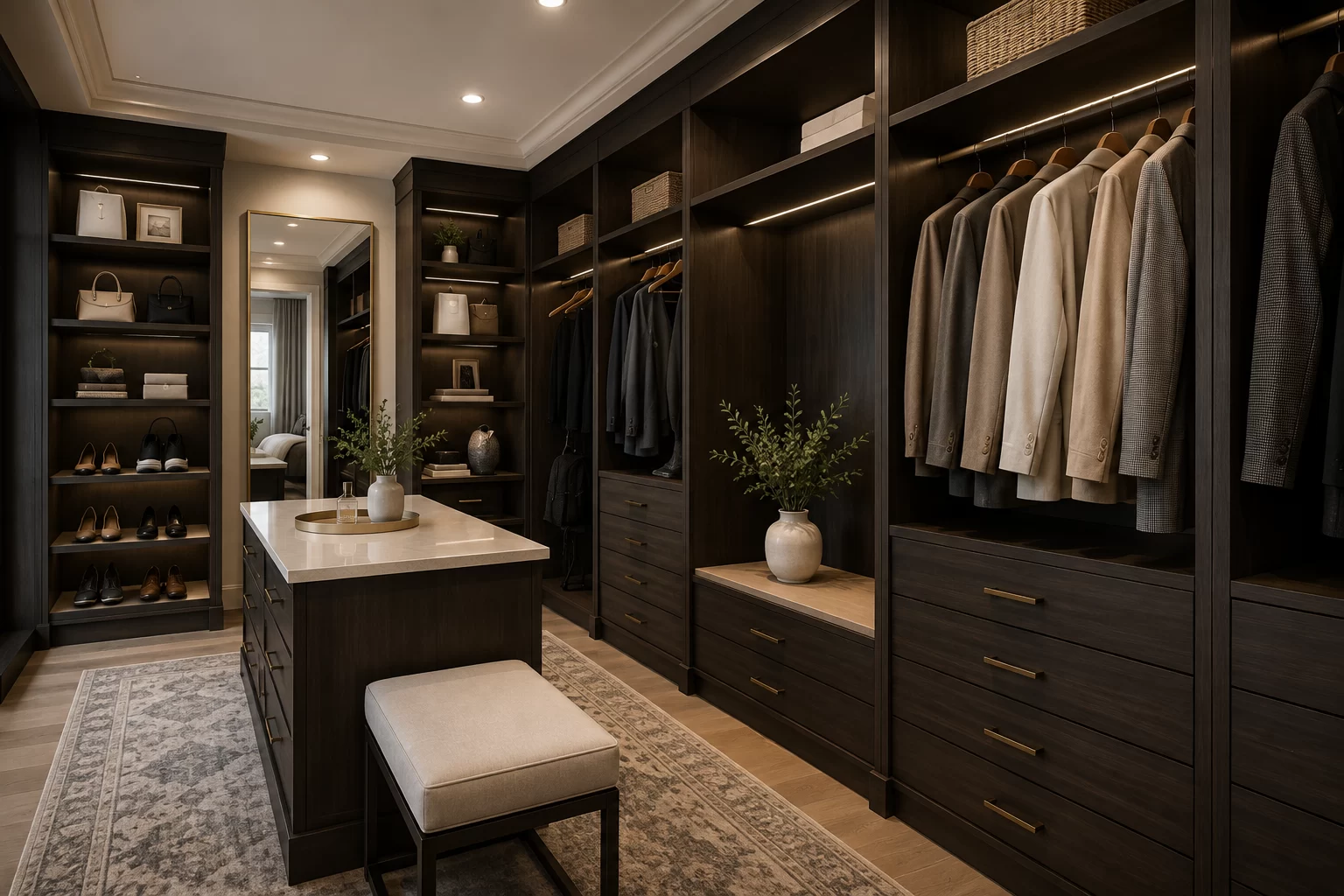 Custom Cabinetry Edmonton True North Cabinetry Custom walk-in closet with dark wood cabinetry, built-in storage, and gold hardware by True North Cabinetry in Edmonton.