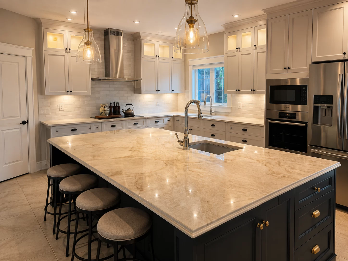 Kitchen cabinets professionally refinished in a light neutral finish with a dark contrasting island by True North Cabinetry in Edmonton.