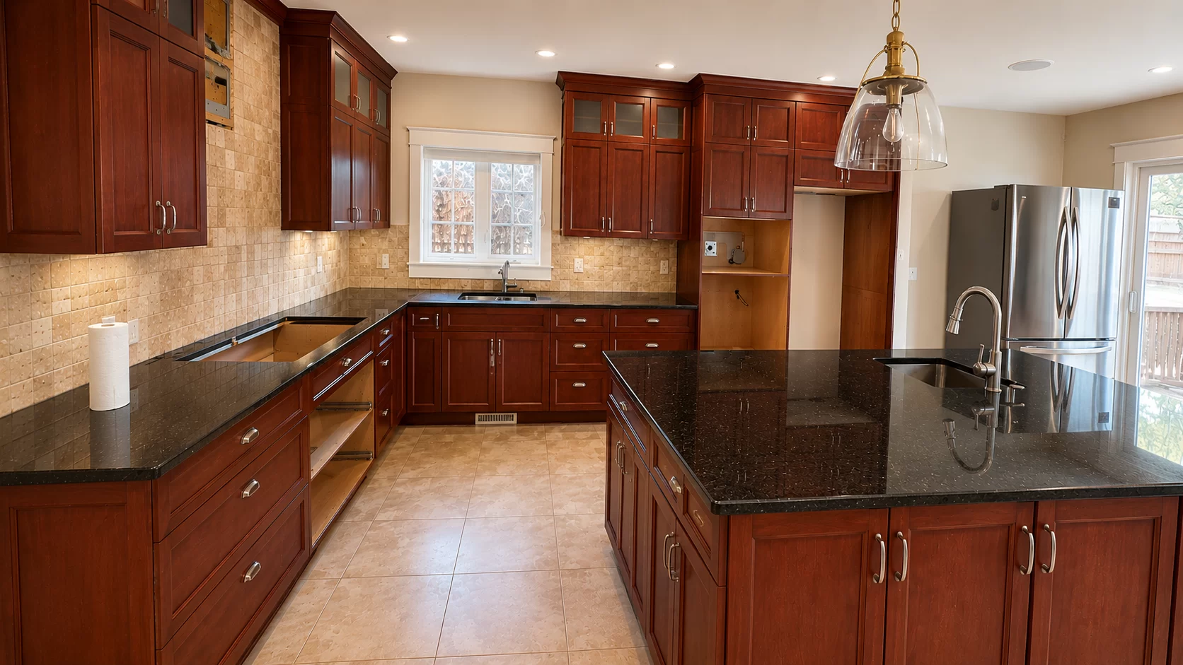 Cherry wood kitchen cabinets before professional refinishing by True North Cabinetry in Edmonton.
