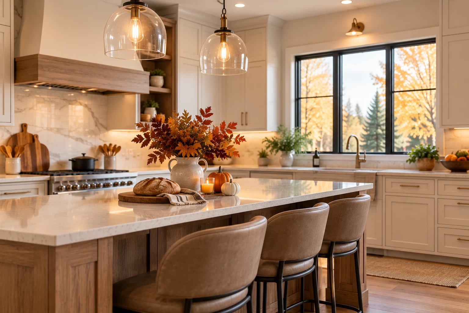 Custom kitchen cabinets in a warm Edmonton kitchen with natural wood cabinetry and fall-inspired details.