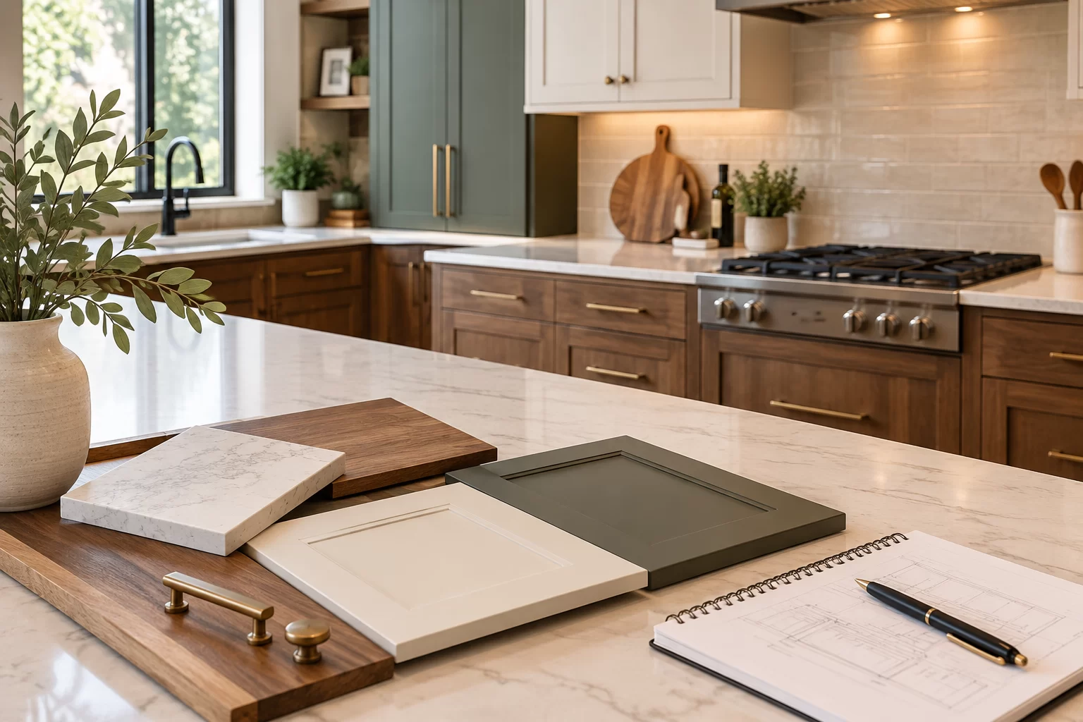 Kitchen cabinet upgrade planning with wood and painted cabinet door samples, countertop finishes, hardware options, and design sketches.