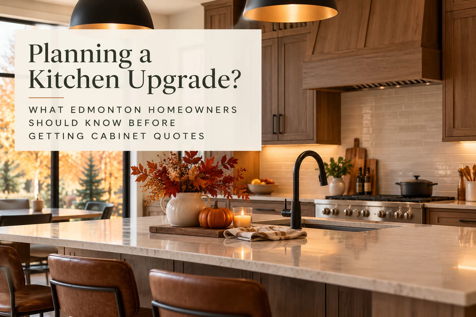 Warm custom kitchen with wood cabinetry and fall décor featuring tips for Edmonton homeowners planning a cabinet upgrade.